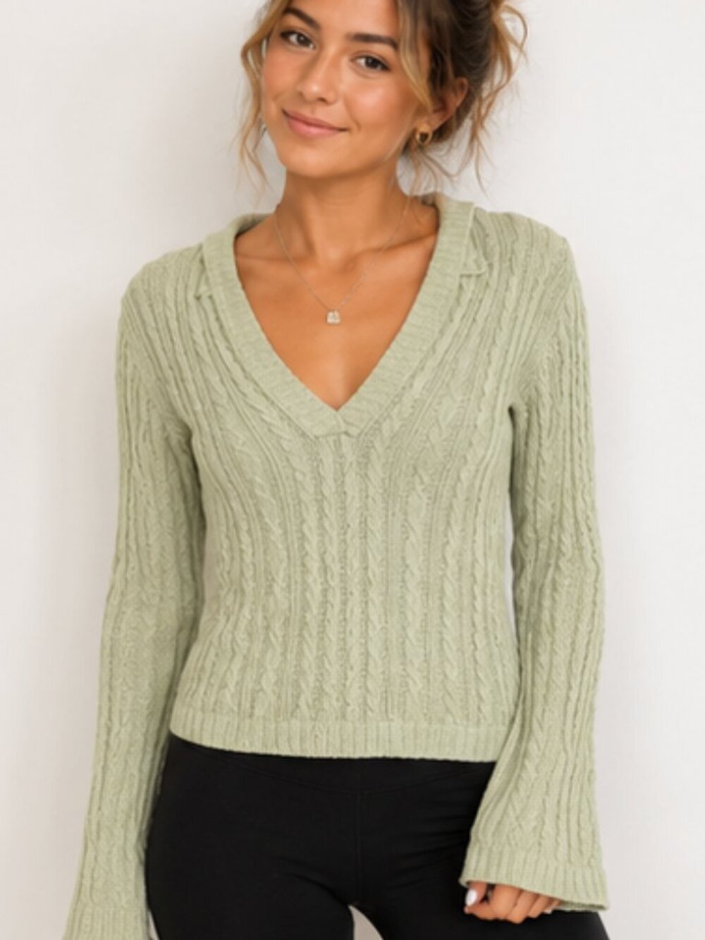 Aeropostale V-Neck Ribbed Sweater - Light Olive